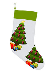 christmas socks with different patterns of trees, wreaths or santa claus, in red, green and white colors on a white background hanging 3d rendering