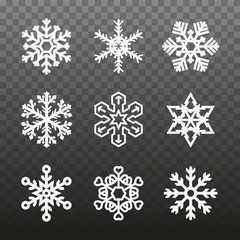 Naklejka na ściany i meble Several Different Types of Snowflakes. Snowflakes of Different Shapes on a Plaid Transparent Background. Vector Illustration