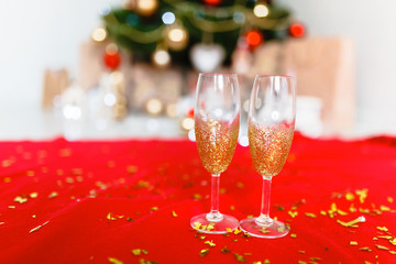 The red background. Glitters. Gold sequins