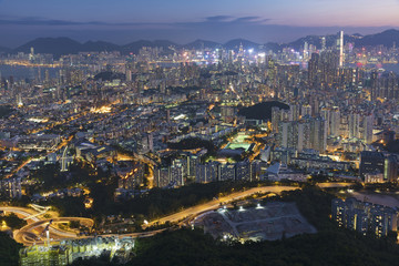 Panorama of aerial view of Hong Kong city at dusk