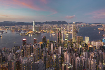 Victoria harbor of Hong Kong City at dusk