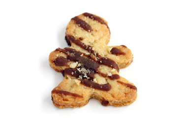 isolated couple of man shape cookie with chocolate and nuts with copy space, simbol of love