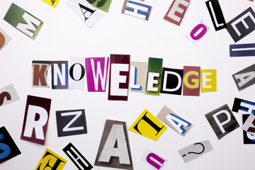 A word writing text showing concept of KNOWLEDGE made of different magazine newspaper letter for Business case on the white background with copy space