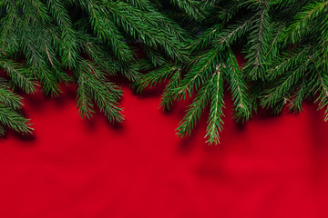 Christmas background. red background. Real tree