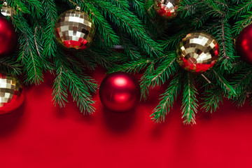 Christmas background. Balls of gold and red. Toys.