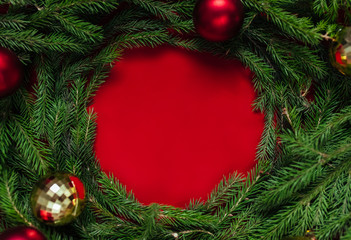 Christmas background. Balls of gold and red. Toys.