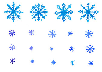 Set of blue snowflakes watercolor 