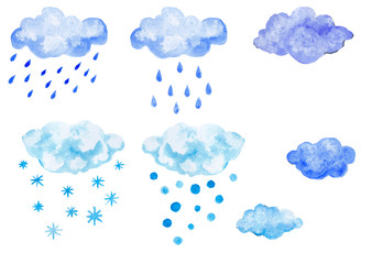 Set of blue watercolor clouds with precipitation