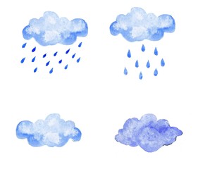 Set of blue watercolor clouds with precipitation