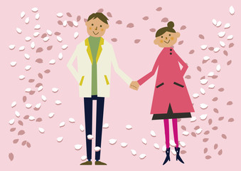 春のイメージ。カレンダー。挿絵。桜。桜吹雪。花びら。