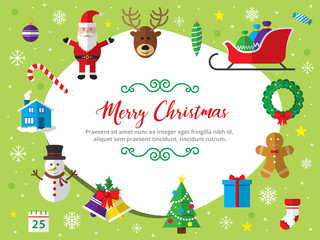 Naklejka premium Merry Christmas background. Set of Christmas icons flat in vector illustration. Icon of bell, stocking, christmas tree, reindeer, present, Santa Claus, snowman. Template for internet and business.