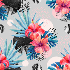 Watercolor tropical flowers on geometric background with marbling, doodle textures