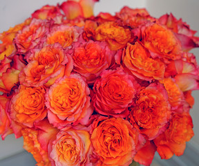 Bouquet of orange pink roses with ruffled petals