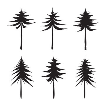 Set of black Pine and Spruce Trees. Drawing Vector illustration.