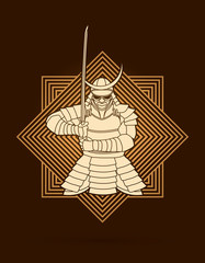 Samurai standing front view ready to fight designed on golden line square background graphic vector.