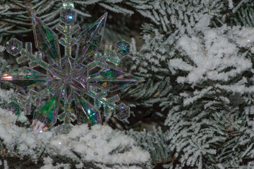 Colorful Snowflake on a snowy Christmas tree