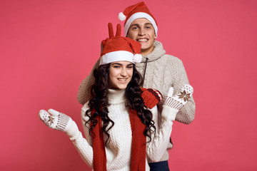 couple, emotions, red background, holiday, new year