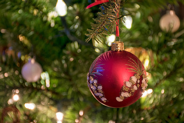 close up of elegant red and gold glittery ornament on Christmas pine tree - Powered by Adobe