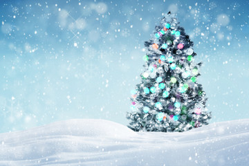 Fototapeta na wymiar Decorated Christmas tree outdoors, falling snow winter holiday background