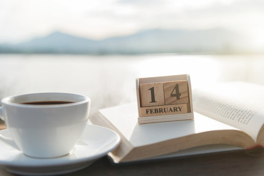 February 14th wooden calendar and coffee cup