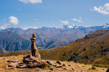 Panoramic view of the peak of Talgar from peak of Furmanov in Almaty region, Kazakhstan