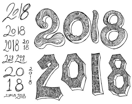 Set of 2018 number new year illustration Hand drawn doodle Sketch line vector eps10