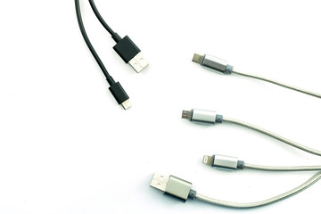 Connectors and sockets for PC and mobile devices.USB Micro cables isolated on white background