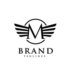 letters m with wings and circle logo vector, Creative Letter m with wings design element. letter m wings Corporate branding identity Vector template