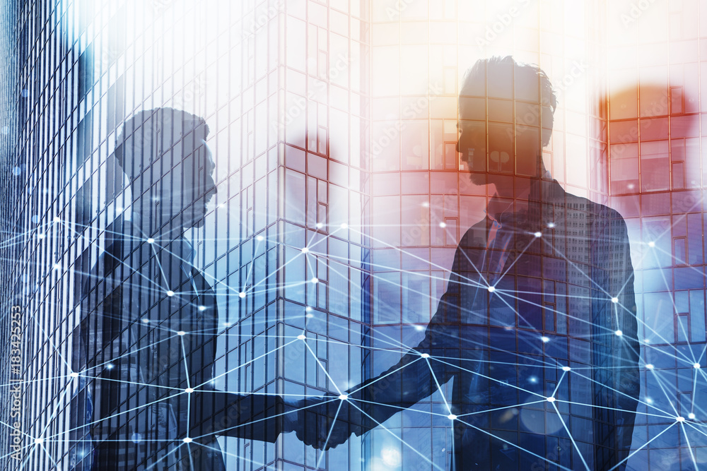 Poster handshaking business person in office with network effect. concept of teamwork and partnership. doub