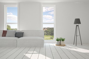 Idea of white room with sofa and summer landscape in window. Scandinavian interior design. 3D illustration