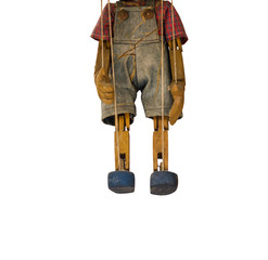 close-up body Wooden puppet hanging on rope on isolated white background