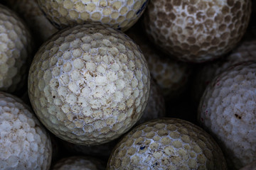Close-up Many Old White golf ball texture. Abstract background