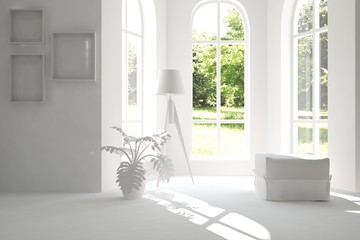 White empty room with summer landscape in window. Scandinavian interior design. 3D illustration