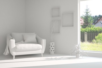 Idea of white room with armchair and summer landscape in window. Scandinavian interior design. 3D illustration