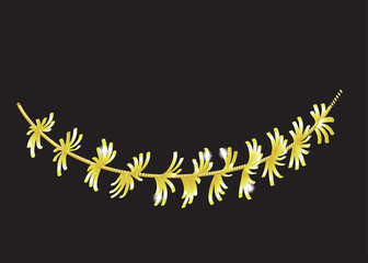 Vector detailed tinsel isolated on black background. Gold christmas decoration. Golden garland for holiday design