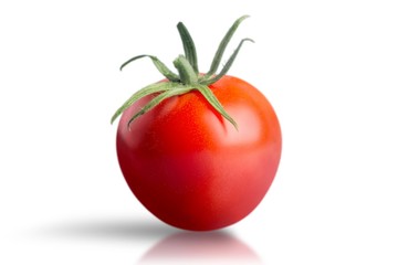 Red ripe tomato with handle isolated on white background