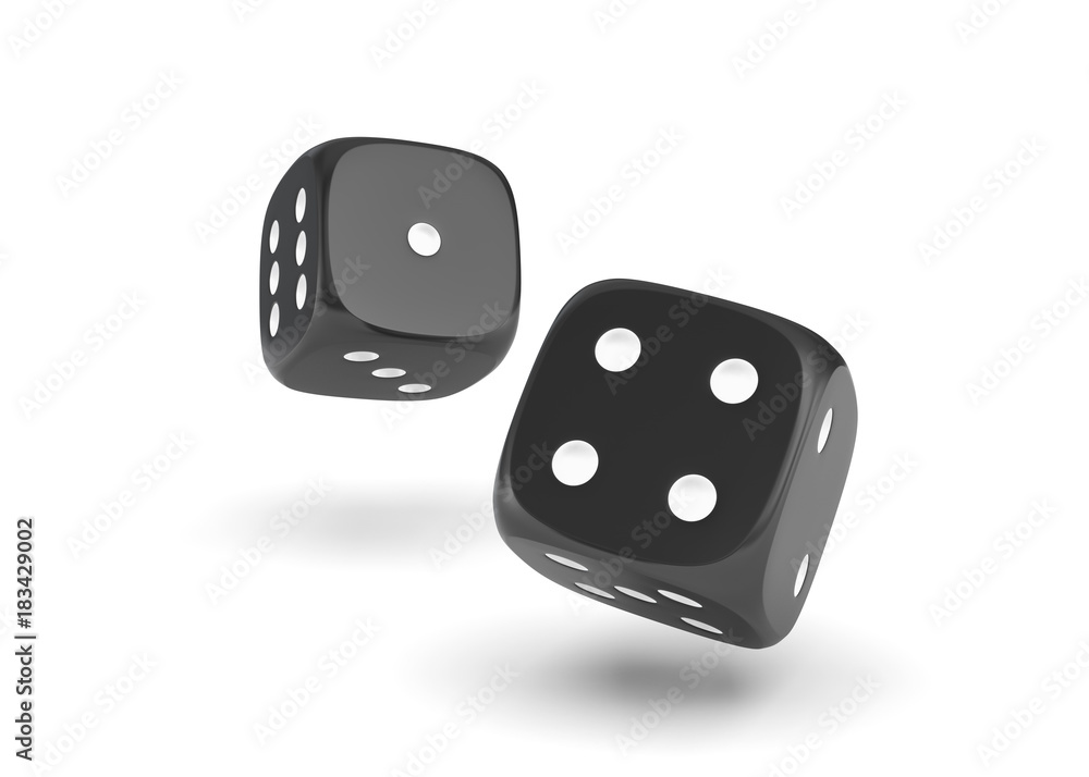 Poster 3d rendering of two black dice hanging on a white background