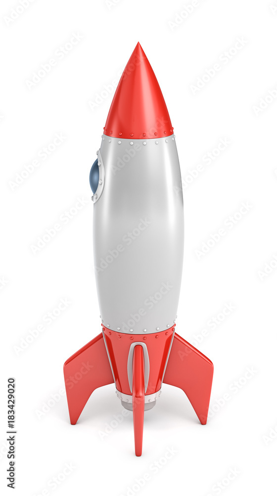 Poster 3d rendering of a silver and red rocket ship with a round porthole standing on a white background.