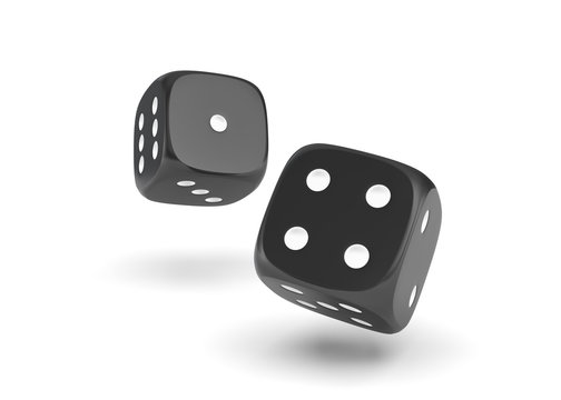 3d rendering of two black dice hanging on a white background
