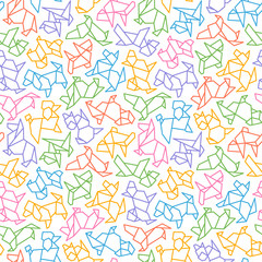 Vector Origami Dogs Seamless Background. Abstract Low Poly Pet Dog Breed Sign Silhouette Pattern Isolated on White. Abstract Animal Geometric Wallpaper Design. 2018 Chinese New Year Symbol