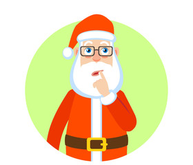 Santa Claus standing with his finger to his lips. Portrait of Cartoon Santa Claus Character. Vector illustration in a flat style.