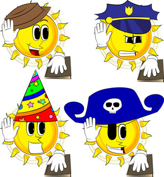 Cartoon sun raising his hand and put the other on a holy book. Taking oath or swearing. Collection with costume. Expressions vector set.