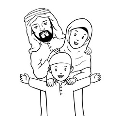 Hand drawn Happy Muslim Family-Vector Illustration