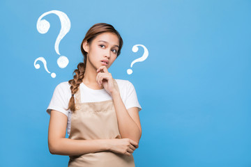 young woman with question marks.