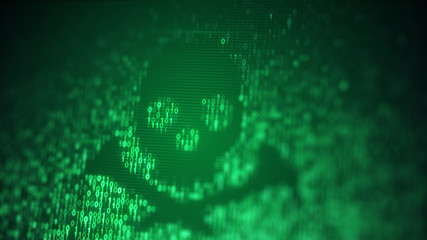 Green skull shape of binary code on computer screen