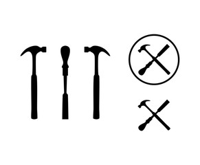 Black Hammer and Chisel Tool Cross with Circle for Woodworker Illustration Logo Symbol