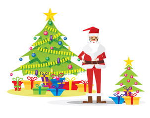 Santa Claus and Christmas Tree Isolated on White with Gift Boxes, Star, Balls and Garlands.