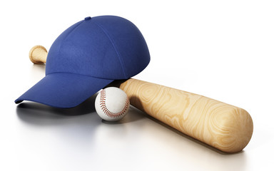 Baseball cap, ball and bat isolated on white background. 3D illustration
