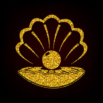 A shell with a pearl. Nautical. Conversation. Gold. Glitter. Bright. For your design.