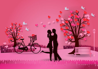 Valentine's day background with man and woman in love have bike and a tree made out of hearts. paper art and craft style. vector illustration